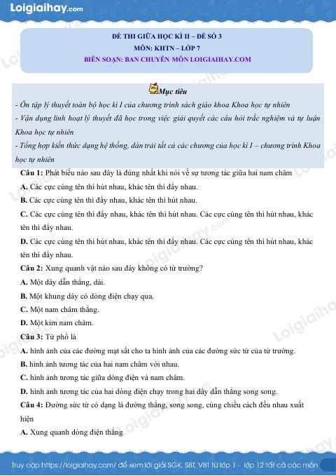 Đề thi giữa học kì 2 KHTN 7 Chân trời sáng tạo - Đề số 8